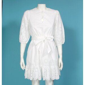 New J. CREW White Scalloped Ruffle Trim Tie Waist Eyelet Dress size XS NWT /926